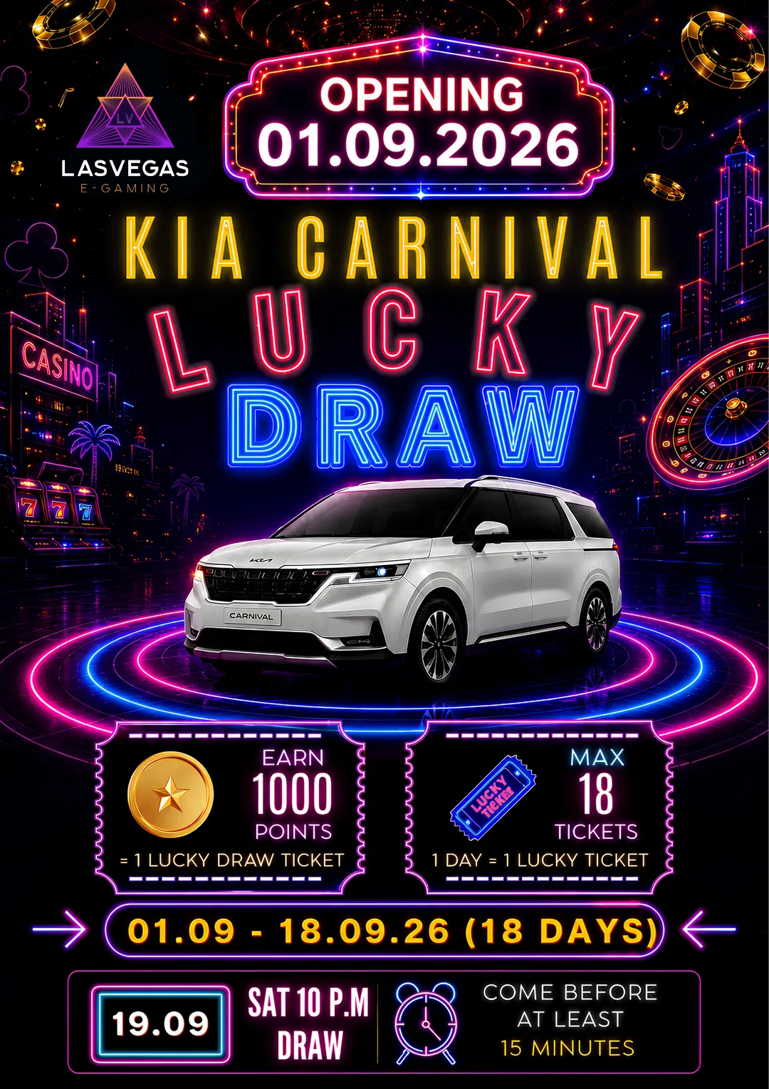 다낭 LASVEGAS E-Gaming Club 기아 카니발 럭키드로우 안내 포스터